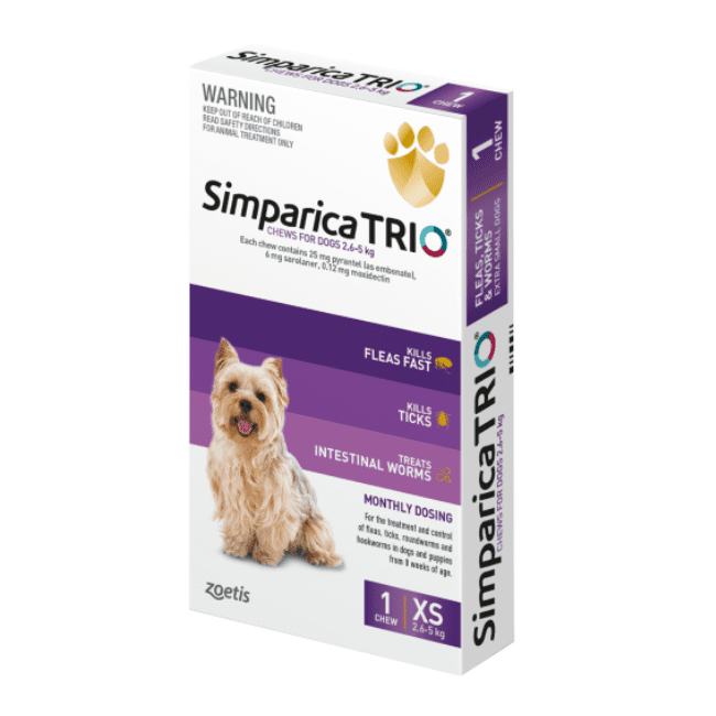Simparica TRIO Flea Worming & Tick Treatment for Small Dogs from 2.6kg - 5kg