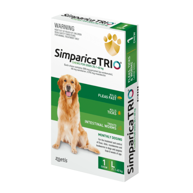 Simparica TRIO Flea Worming & Tick Treatment for Large Dogs from 20.1kg - 40kg